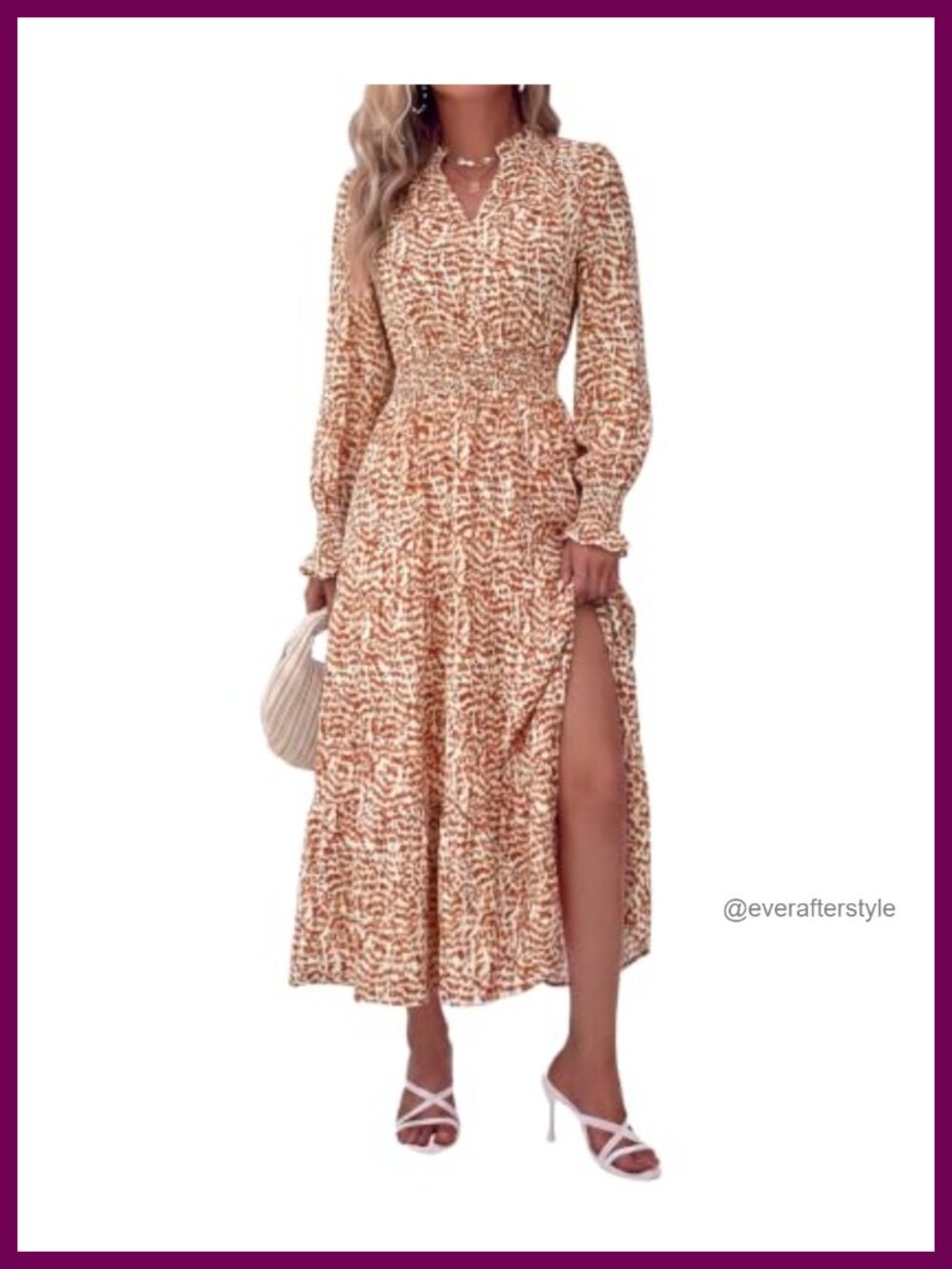 Womens Floral Midi Dress Long Sleeve V Neck Empire Waist Pockets